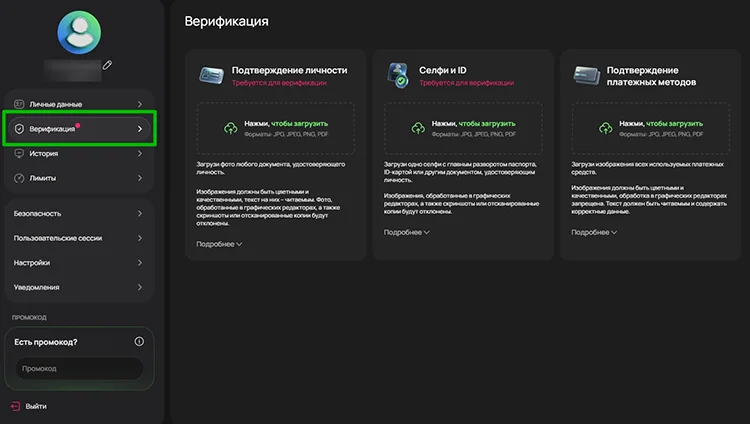 Flagman Casino — страница верификации личности, селфи и платёжных методов